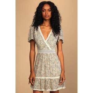 Lulus Simple Love Cream Floral Print Short Sleeve Mini Dress Beige - Size M
